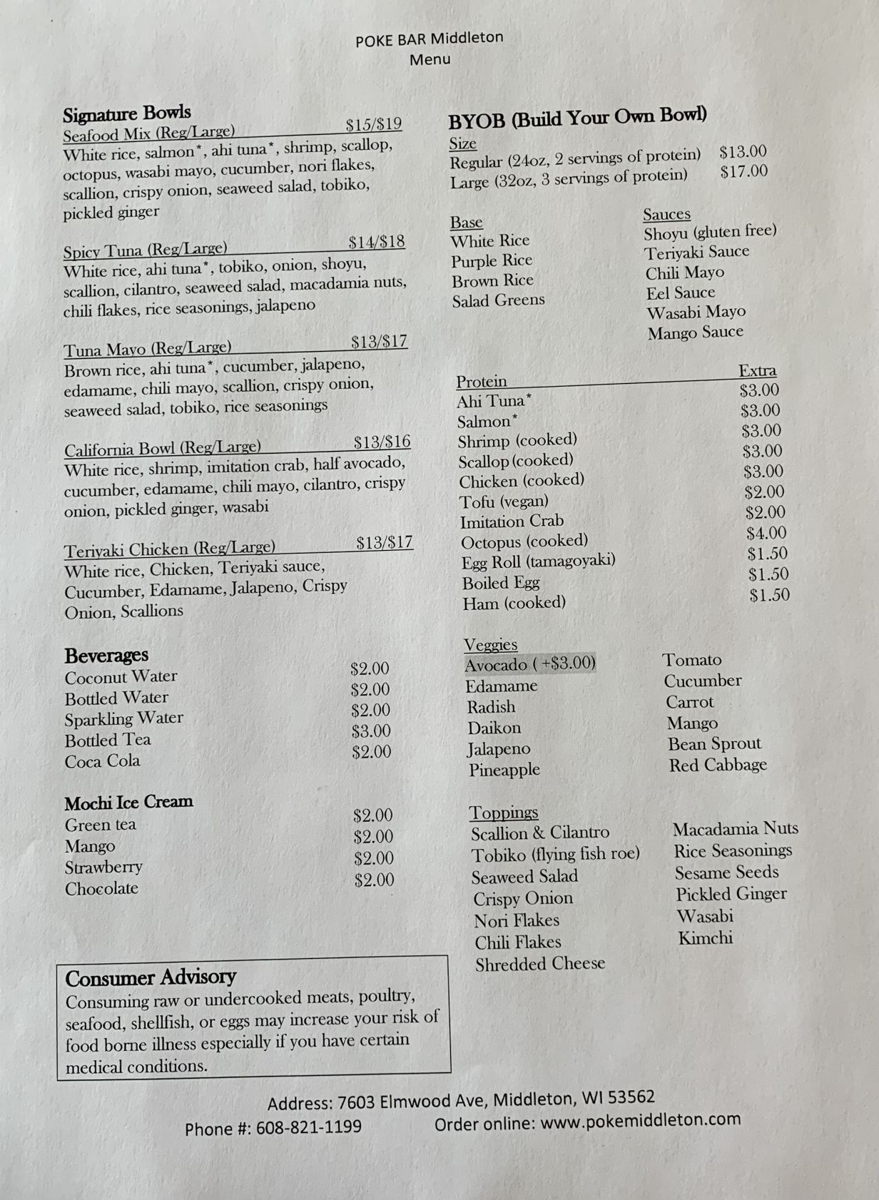 Poke Bar menu